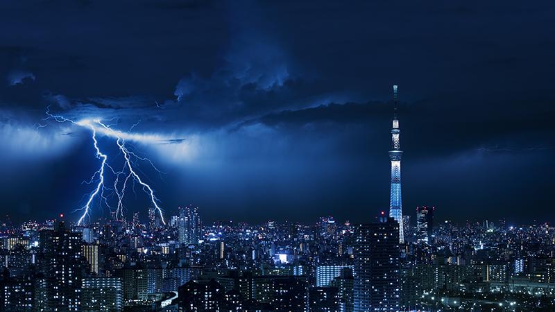 Lightning over Tokyo at night.