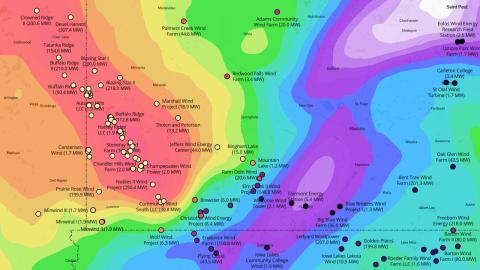 Map visualization of wind speed and wind farms