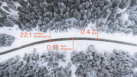 Snowy winter road from above with temperature stats.