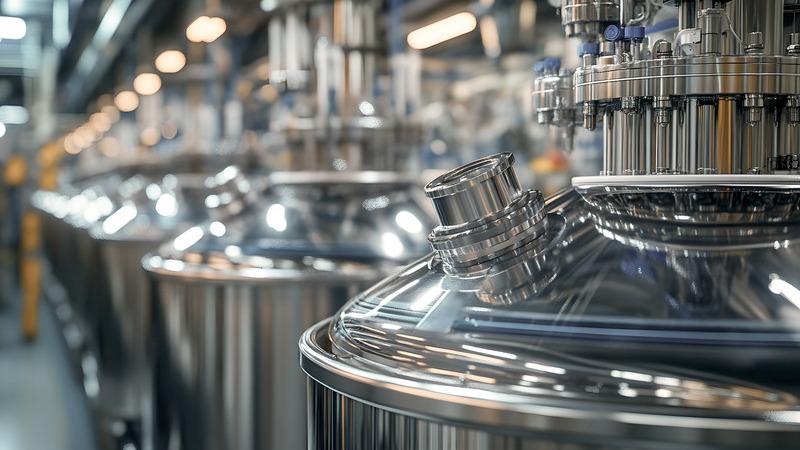 Edelstahl-Bioreaktoren in einer modernen Biotechnologie-Anlage.