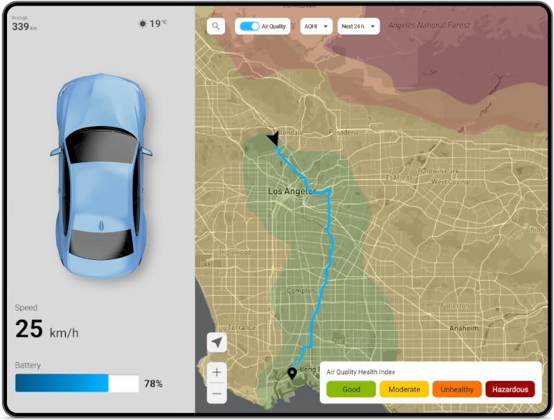 Car infotainment screen showing air quality information on a map