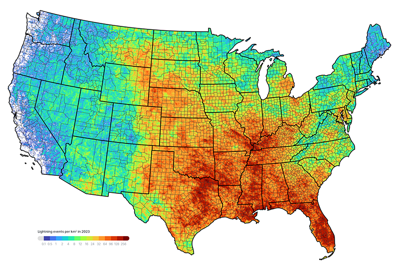 Vaisala Xweather Annual Lightning Report 2023 U.S. lightning density